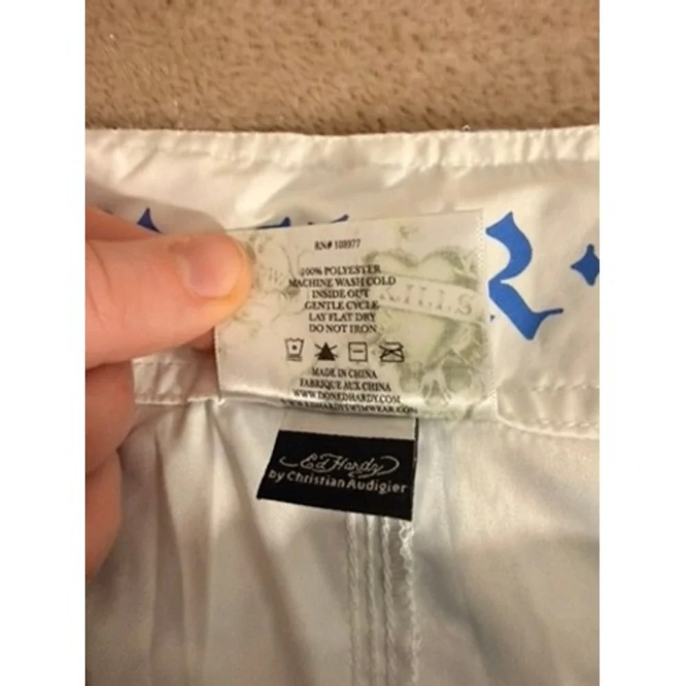 Ed Hardy Mens 36 BlueWhite Marble Love Kills Slowly Skull BoardShorts SwimTrunks